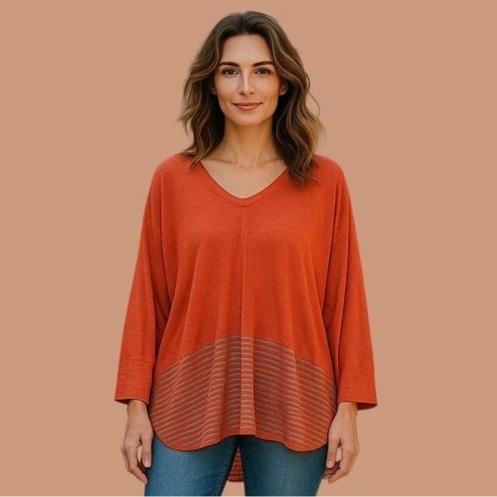 CAbi Women's Hang Out Tee Shirt Top Size Small Orange Tunic Long Sleeve